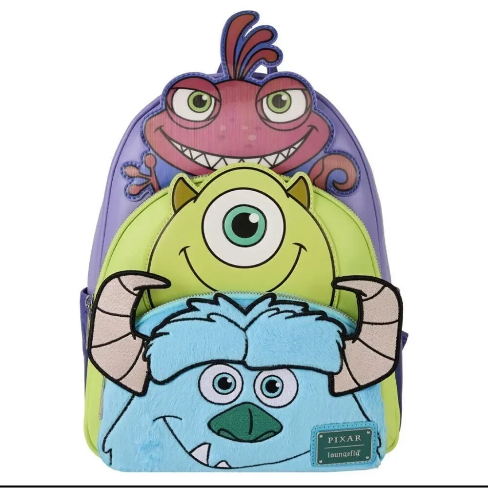 Loungefly Pixar Monsters Inc. Sulley, Mike & Randall Triple Pocket Mini Backpack